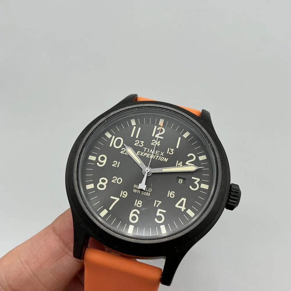 Timex Expedition Mens Watch 43mm Black Dial Orange Silicone Indiglo Date WR 50M